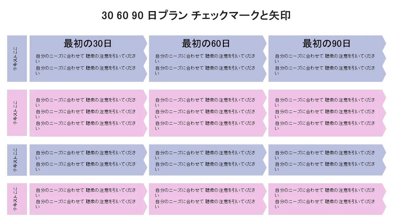 パワーポイントのトップアイデアに目盛りと矢印が付いた 30 日、60 日、90 日の計画