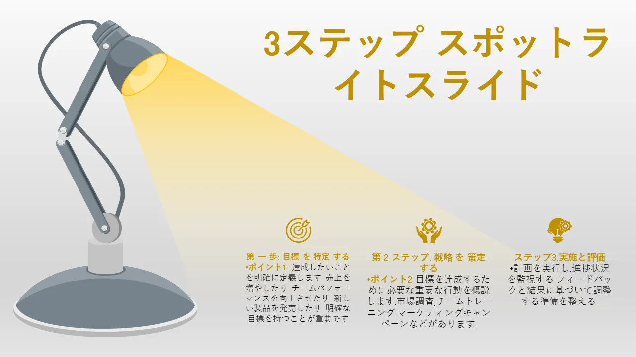 パワーポイント用の 3 ステップのスポットライト スライド